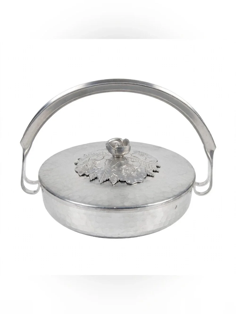 Vintage Wild Rose F1003 Hammered Aluminum Candy Dish w/ Bale Handle/ Bridal